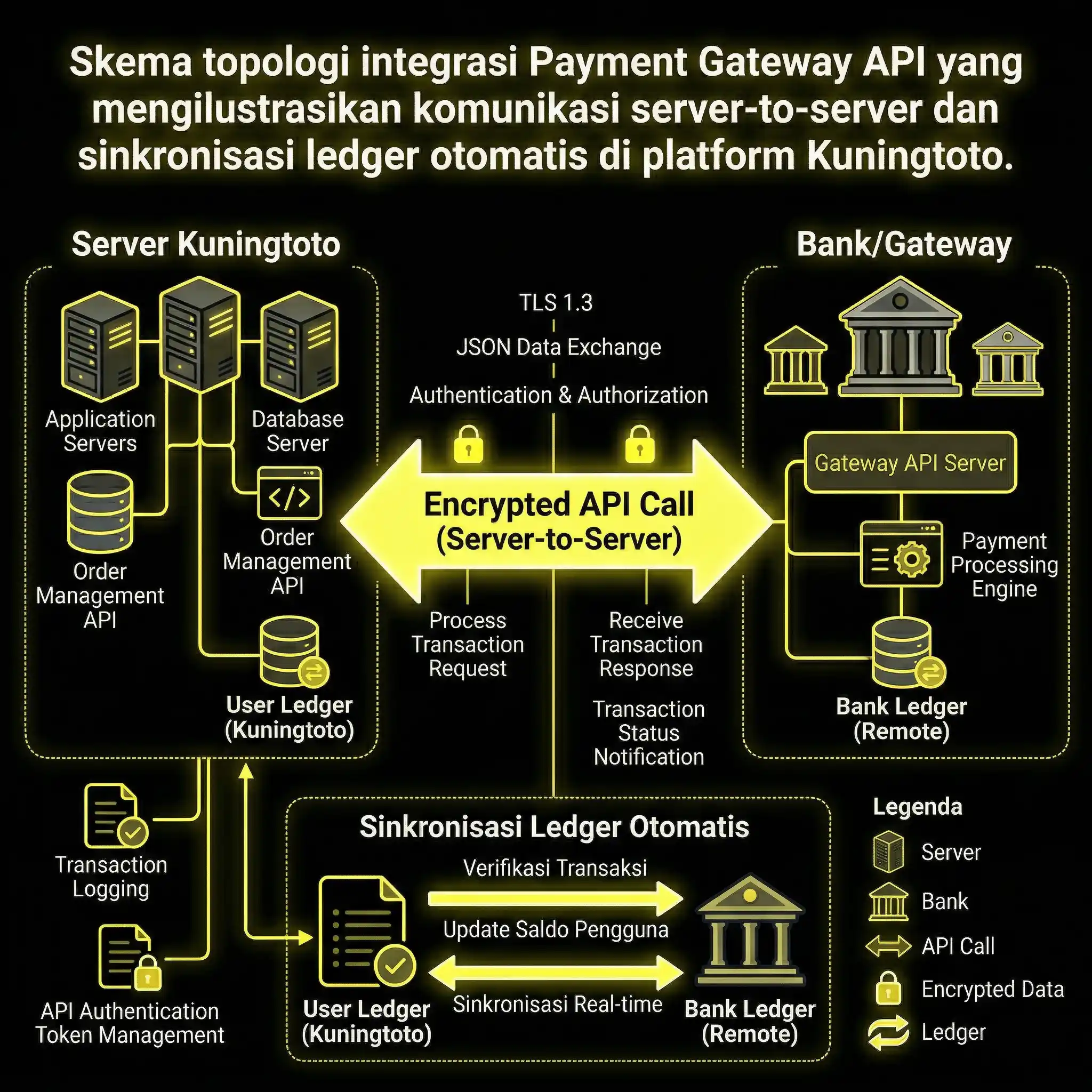 Skema topologi integrasi Payment Gateway API yang mengilustrasikan komunikasi server-to-server dan sinkronisasi ledger otomatis di platform Kuningtoto.